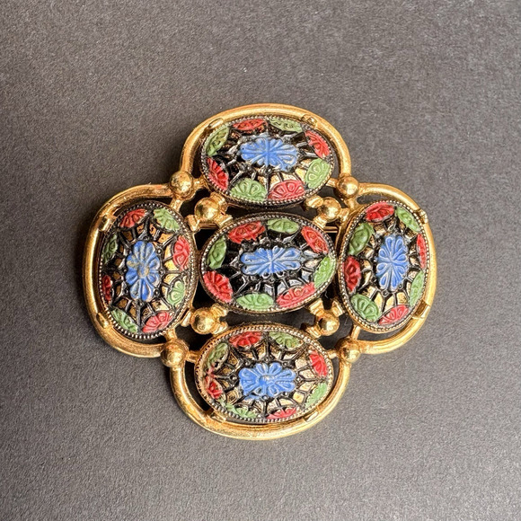 Sarah Coventry Jewelry - Vintage Sarah Coventry Light of the East Mosaic Gold Tone 1960s Brooch Pin 1.75"